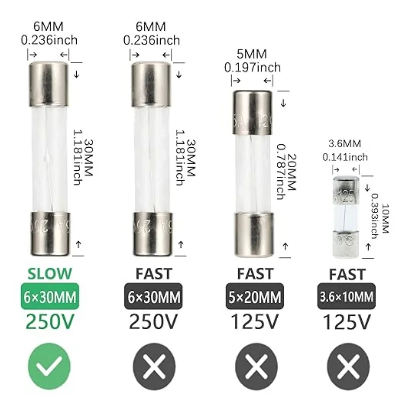 AUKENIEN T 6A 250V Slow Blow Glass Fuses T6AL T6AL250V 6x30 MM 6 Amp 250 Volt Cartridge Tube Time Delay Fuse (Pack of 10)