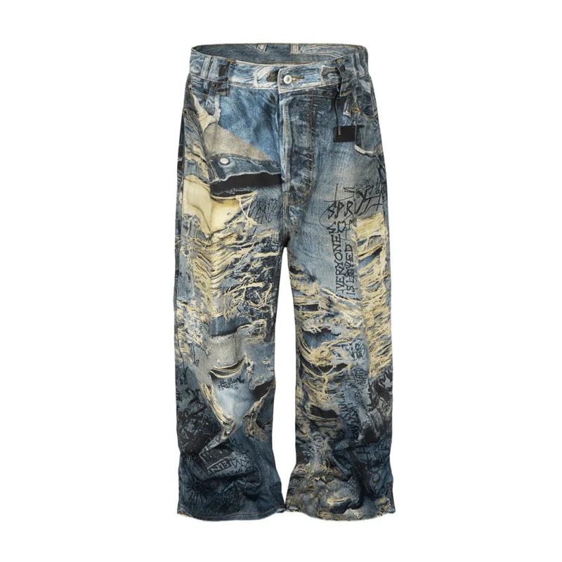 HKSH 春夏メンズユーズド加工カジュアル穴洗浄ブーツカットジーンズハイストリートファッション抽象パターンデニムパンツイン HK7029
