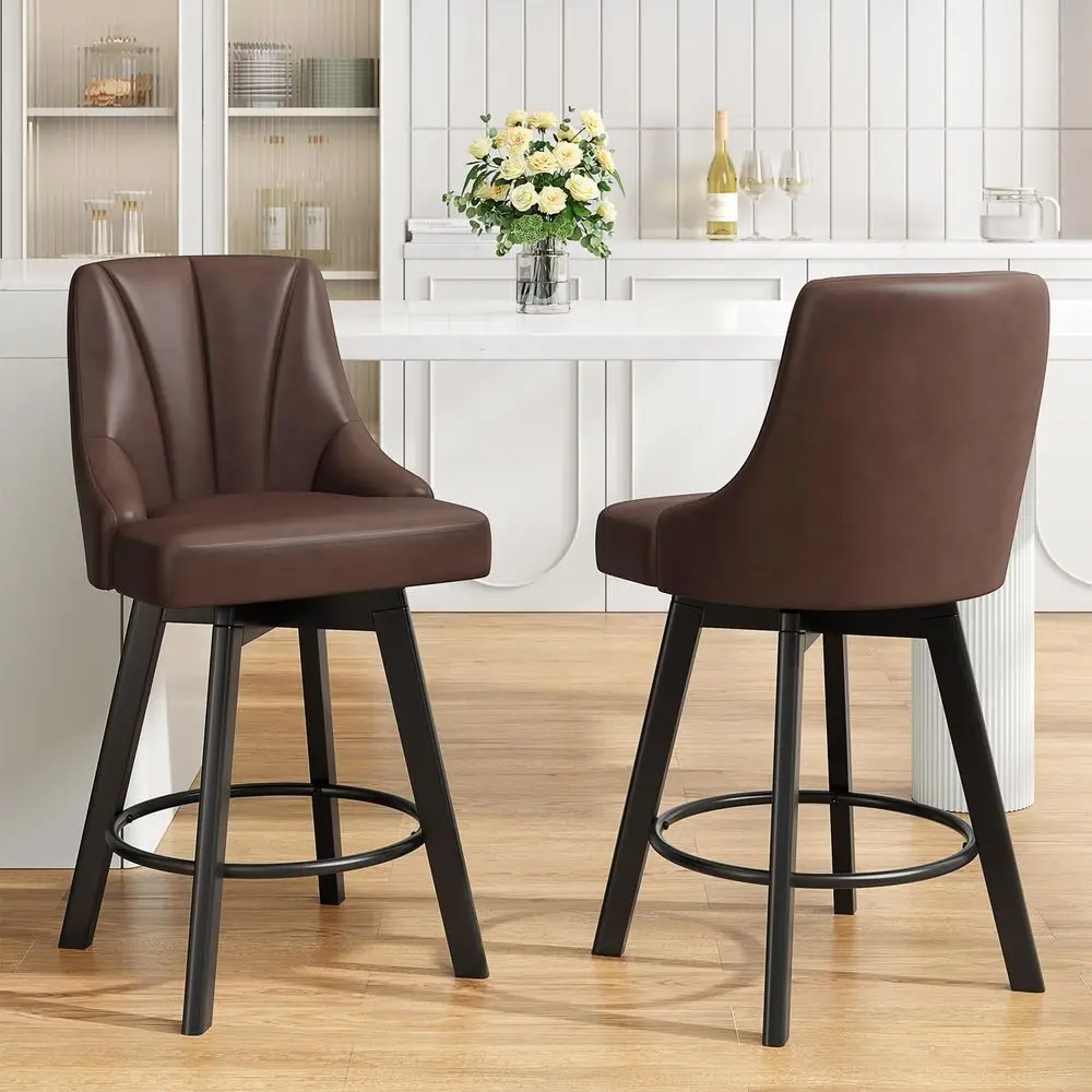 

24 Counter Height Swivel Bar Stools Set of 2, PU Leather Bar Chairs with Back and Solid Wood Legs for Kitchen Island, Home Bar,