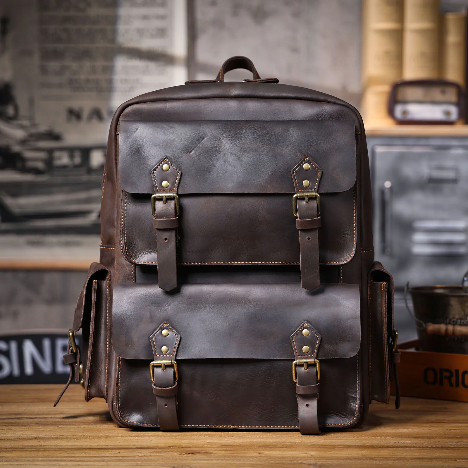 S.WORKER Vintage Echtleder-Rucksack für Herren, Große Laptop-Schultertasche aus Rindsleder, Klassische Vintage Crazy Horse Schultasche für Reisen – Detail 7