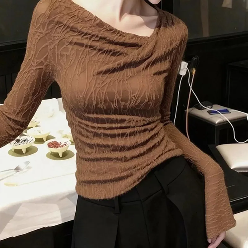 Fashion Women's Brown Long Sleeve Slim Knit Top, Asymmetric Slant Collar Design, Elegant Basic Shirt New