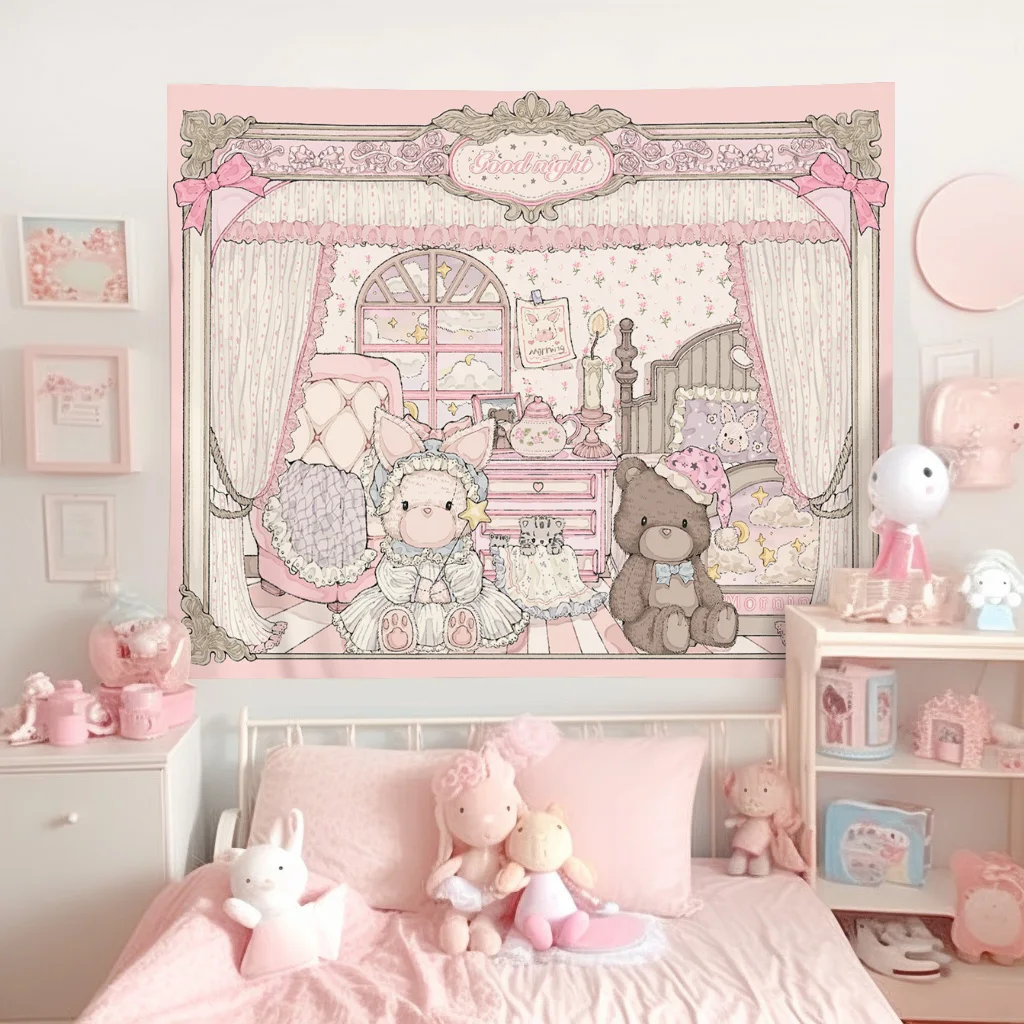 Kawaii Wohnkultur Wandbehang Tapisserie Anime Rosa Mädchen Tapisserie Wand Schlafzimmer Hintergrund Dekor Nette Mode Dame Wandteppiche