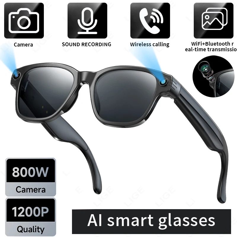 

LIGE 800W Camera Glasses Bluetooth Smart Translation Glasses Camera Voice Call Music Smart Sunglasses Video Recording AI Glasses