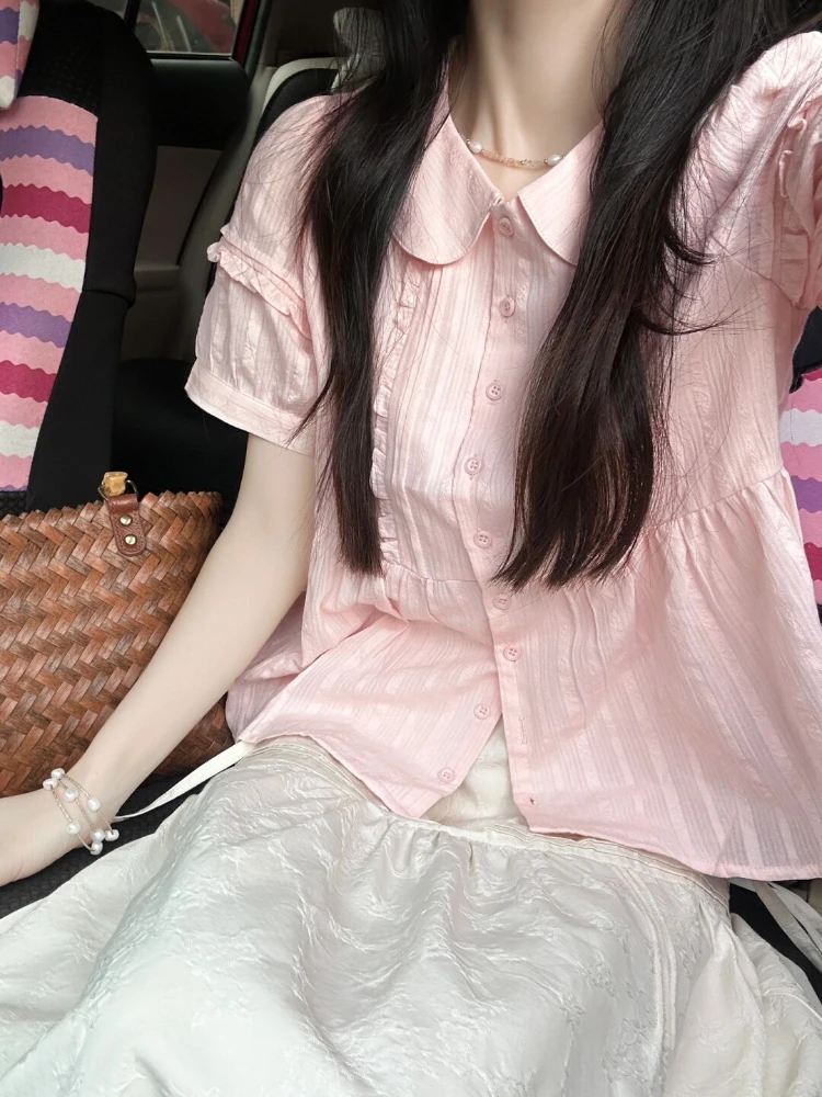 Japanese Pleated Solid Sweet Women Shirt  Simple Kawaii Cute Blouse New Fashion Fairy Grunge Blusas De Mujer Y2k Aesthetic