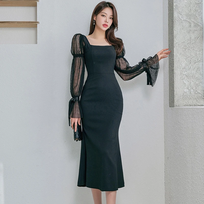 

Women 2024 Sping New French Square Neck Trumpet Sleeve Mesh Stitching Fishtail Dress