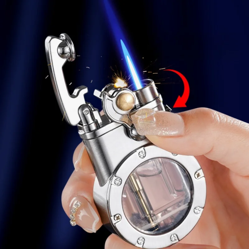 Rocker Arm Dual Fire Butane Gas Lighter Metal Visible Gas Window Jet Flame Switching Open Flame Cigar Lighters Smoking