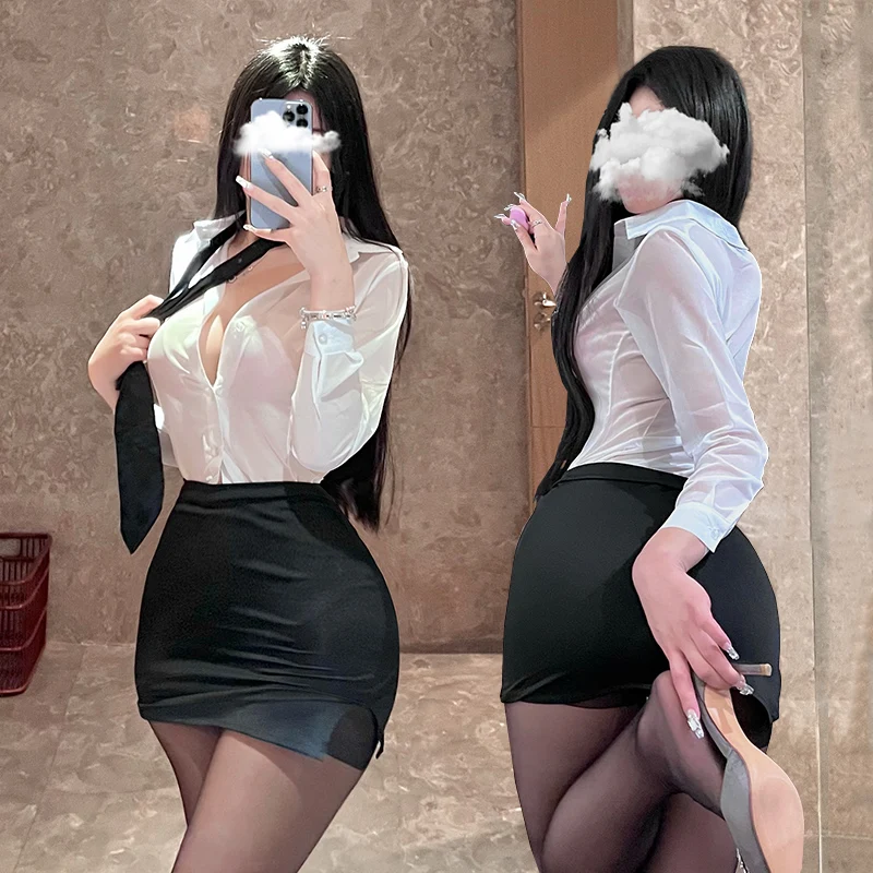 Sexy Cosplay Secretary Costumes Women\'s Tie Top Miniskirt Lingerie Set Roleplay Ladies Office Careers Dresses Couple Game Outfit