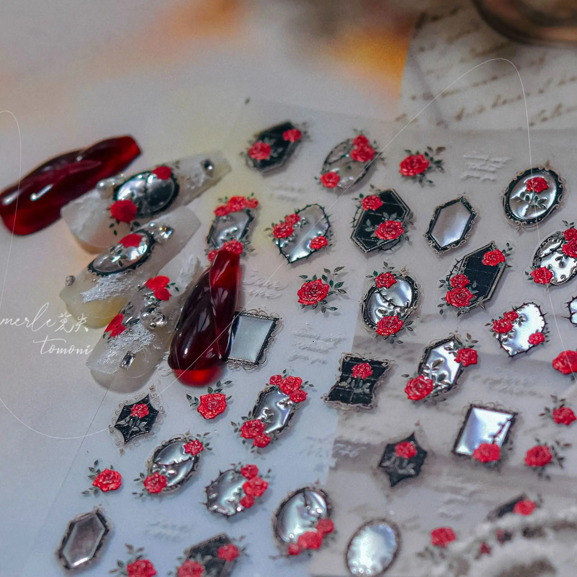 5D Gothic Red Rose Dark Hollow Out Photo Frame Personal Totem Self Adhesive Nail Art Sticker Romantic Rhinestone Manicure Decal