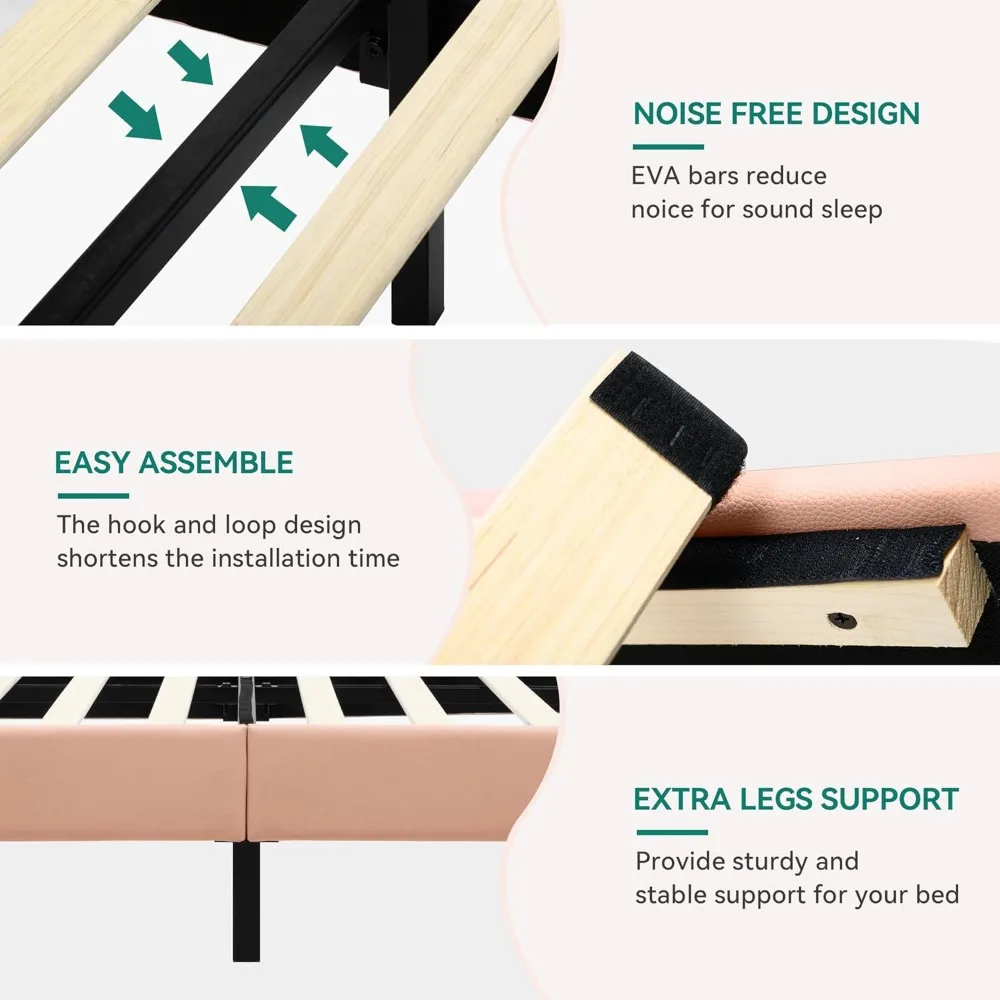 إطار سرير كامل وردي DWVO مع ضوء LED، سرير منجد من جلد البولي يوريثان، لوح رأسي قابل للتعديل، سرير بمنصة LED، دعامة خشبية،