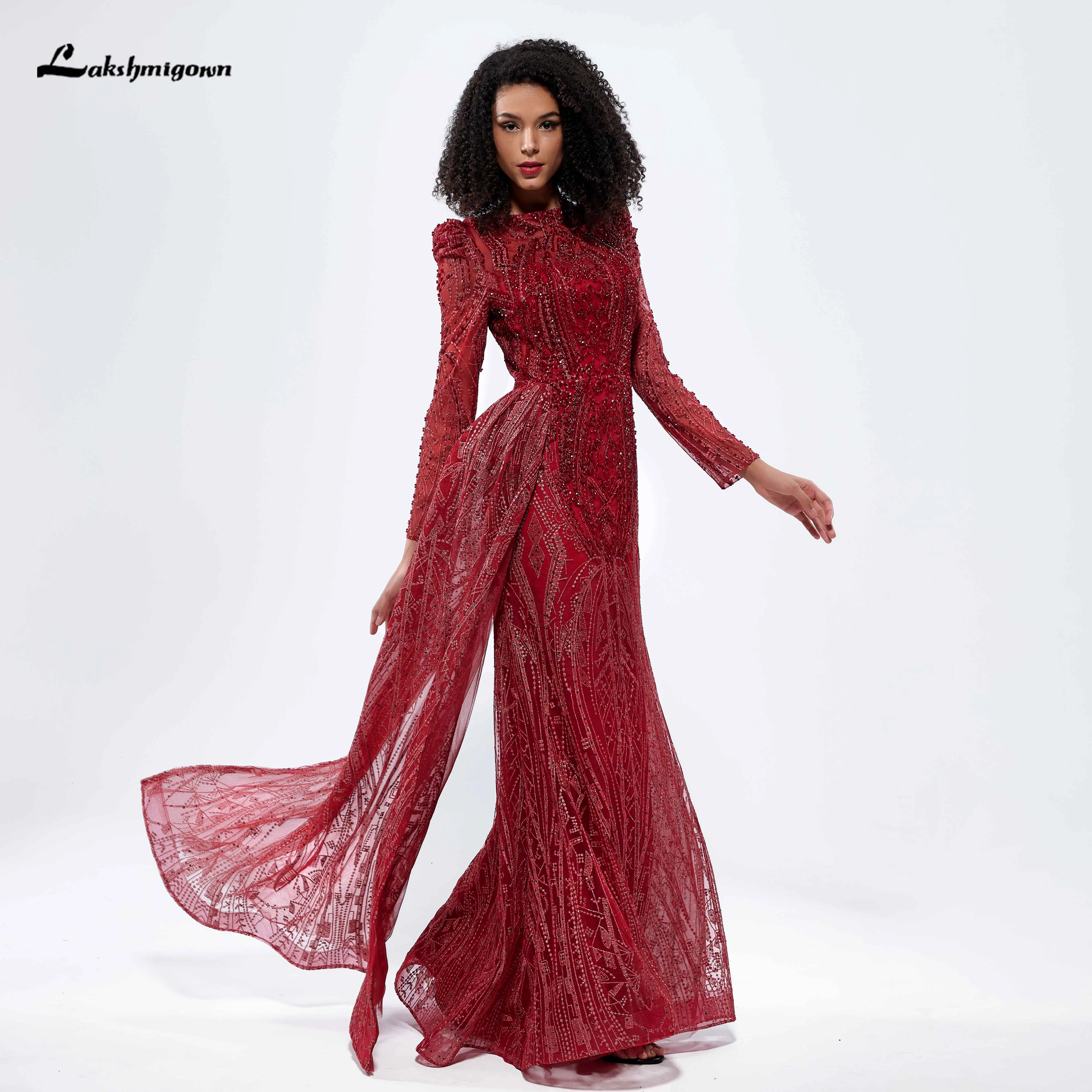 Lakshmigown Luxury Dubai Burgundy Evening Dress with Overskirt Long Sleeve Elegant Muslim Wedding Formal Party Dresses