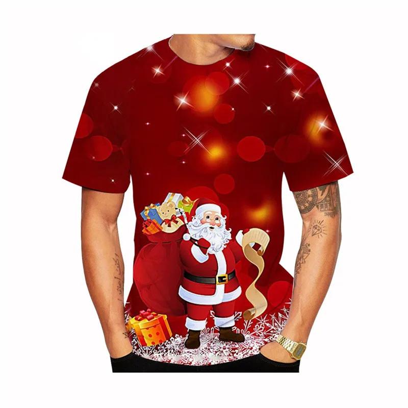 Santa Claus And Christmas Snowman Pattern Men's Street Hip Hop T-Shirts Short Sleeve 3D Print Christmas Festival Tops Plus Size