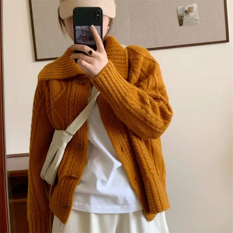 

Autumn Winter Thickened Short Knitted Sweater Coat Women's Lazy Style Polo Collar Open Cardigan Feeling Top Thickened E11527