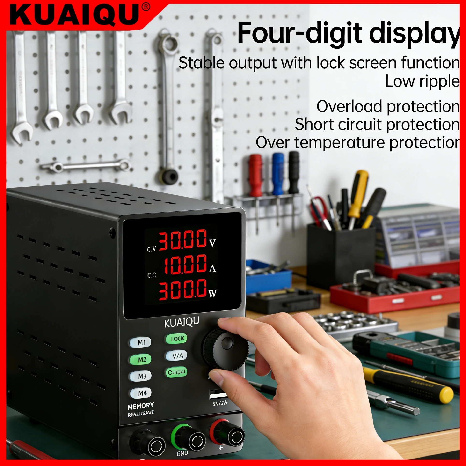 Alimentatore da Laboratorio DC Regolabile KUAIQU 30V 10A, 60V 5A 300W, 120V 3A 360W con 4 Set di Archiviazione Dati, per Laboratorio e Fai-da-Te