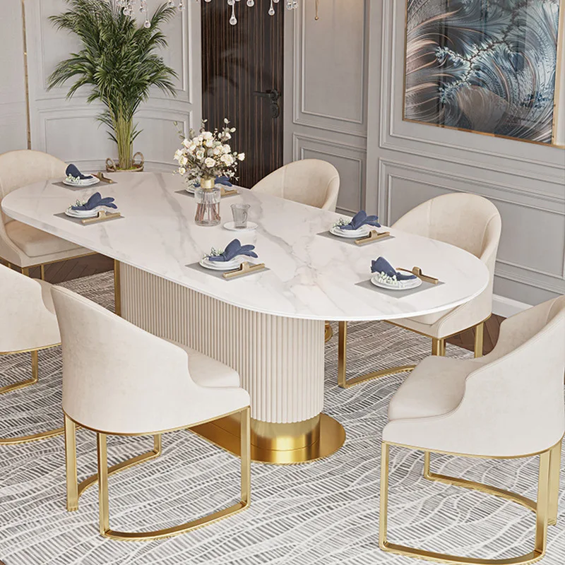 #Nordic Style Extendable Oval Marble Dining Table Eco-Friendly Durable Metal Mango Modern Assembly Design