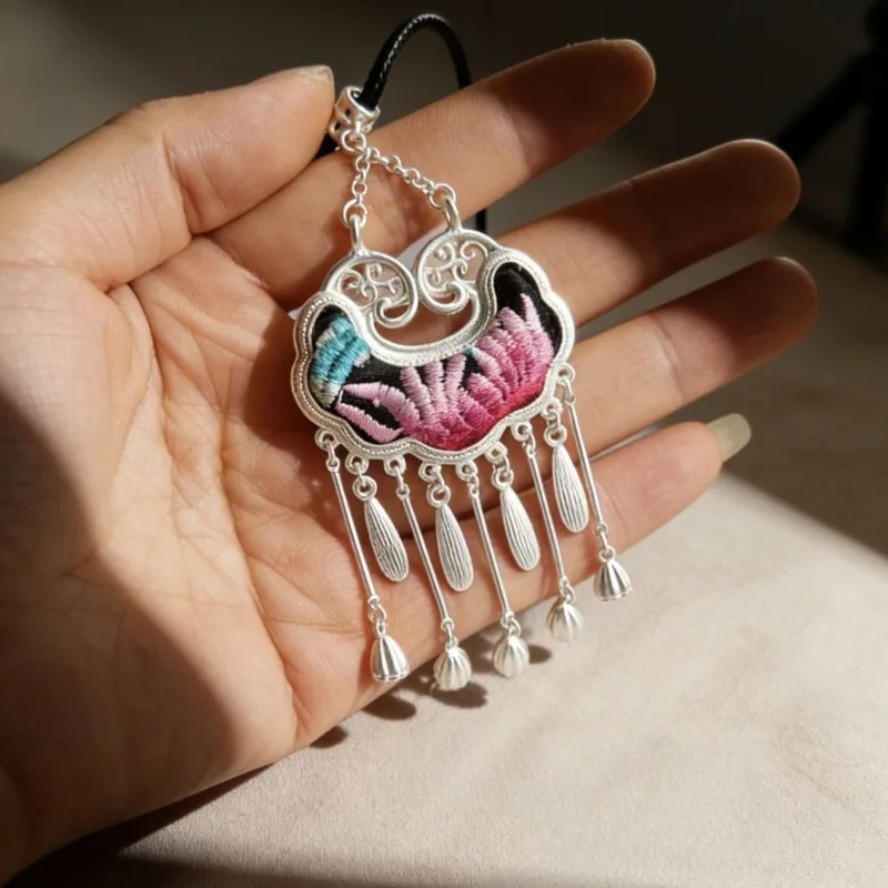 Vintage Miao Ethnic Antique Embroidery Pendant Necklace Long Sweater Chain for Women Handmade Versatile Daily Wear Jewelry Gift