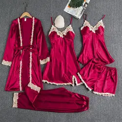 Ensemble de pyjamas en dentelle satinée pour femmes, vêtements de nuit patchwork, vêtements de nuit de mariage, vêtements de maison en rayonne, costume de nuisette et robe, vêtements de nuit féminins, 5 pièces