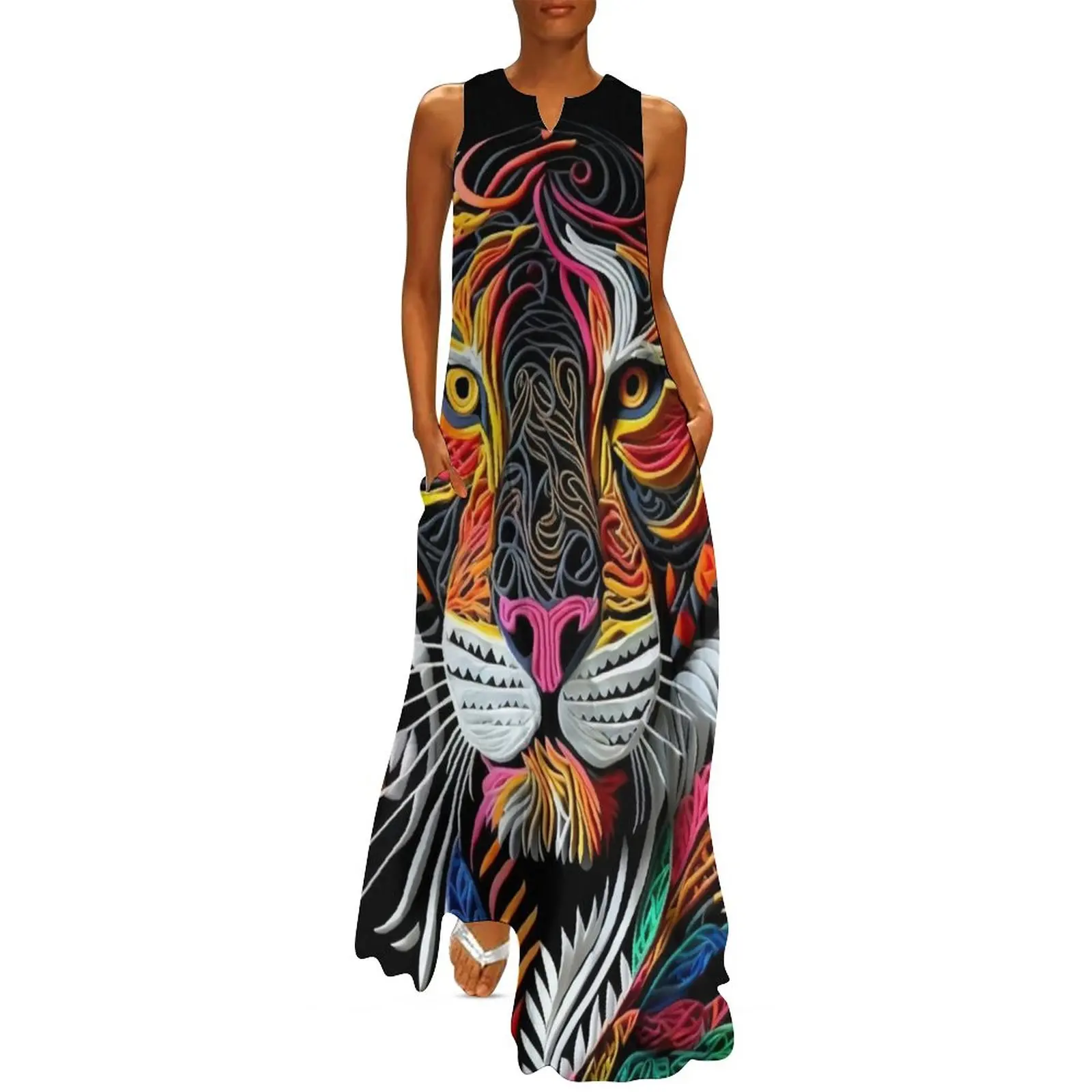 Craft Tiger Dress Summer Abstract Animal Print Streetwear Boho Beach Long Dresses Female Sexy Maxi Dress Birthday Gift