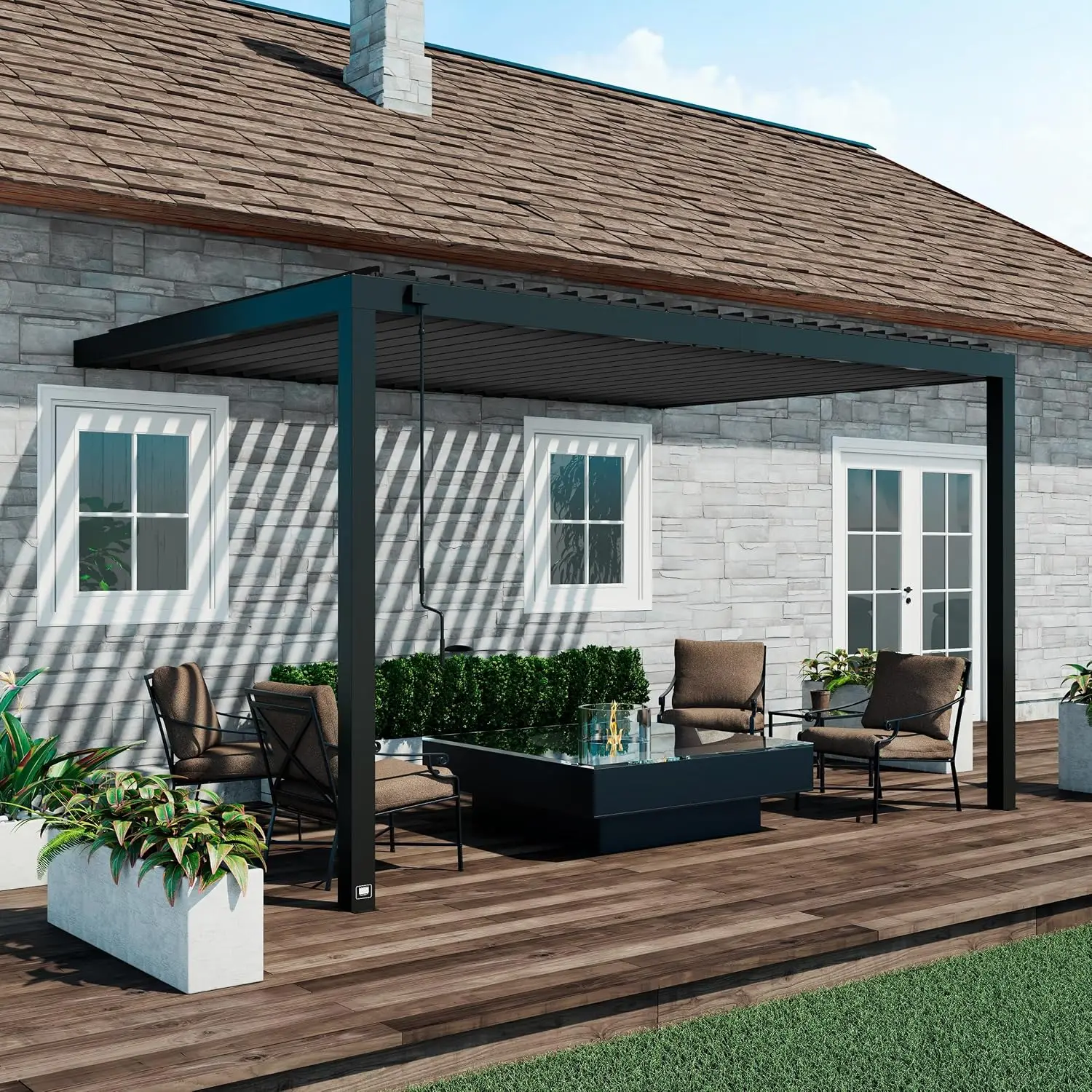 Evanston 14'x10' Galvanized Steel Wall-Mounted Louvered Pergola Kit with Adjustable Roof, Shade, Rain Protection, High-Wind Rati
