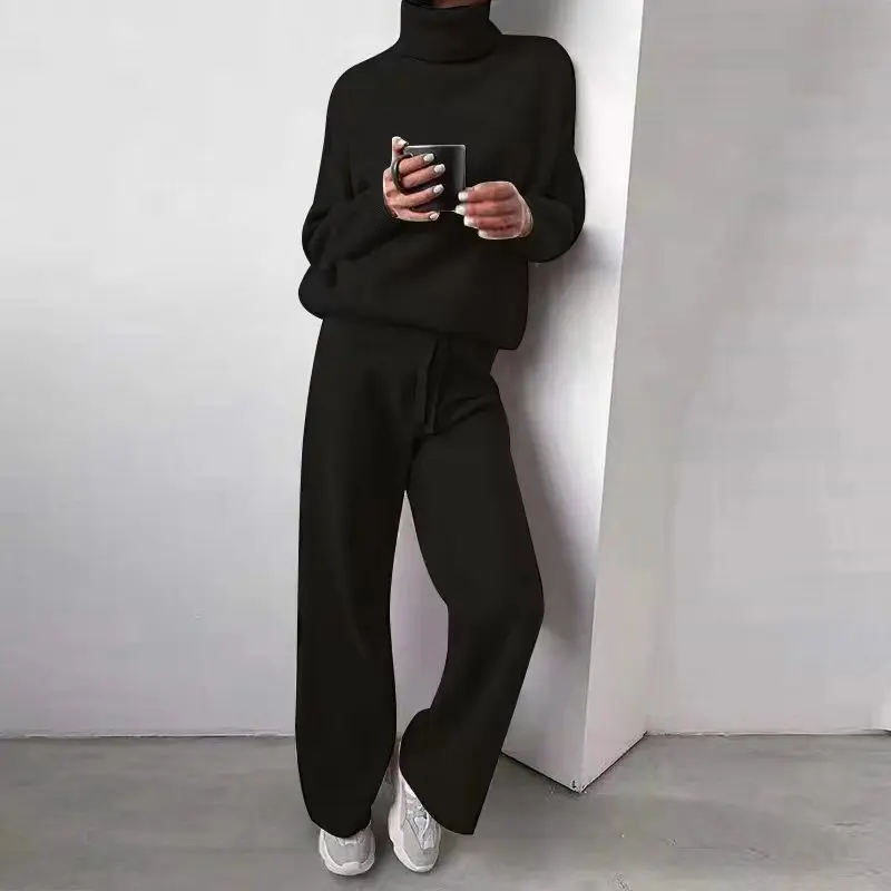 2025 Turtleneck Sweater Set Women\'s European, American Autumn And Winter New Loose Casual Office Thickened Knitted Trousers Sets