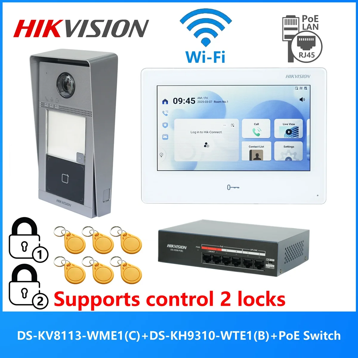 HIKVISION Original Mehrsprachiges POE-Video-Gegensprechanlagen-Set, inklusive DS-KV8113-WME1(C) & DS-KH9310-WTE1(B) & PoE-Switch