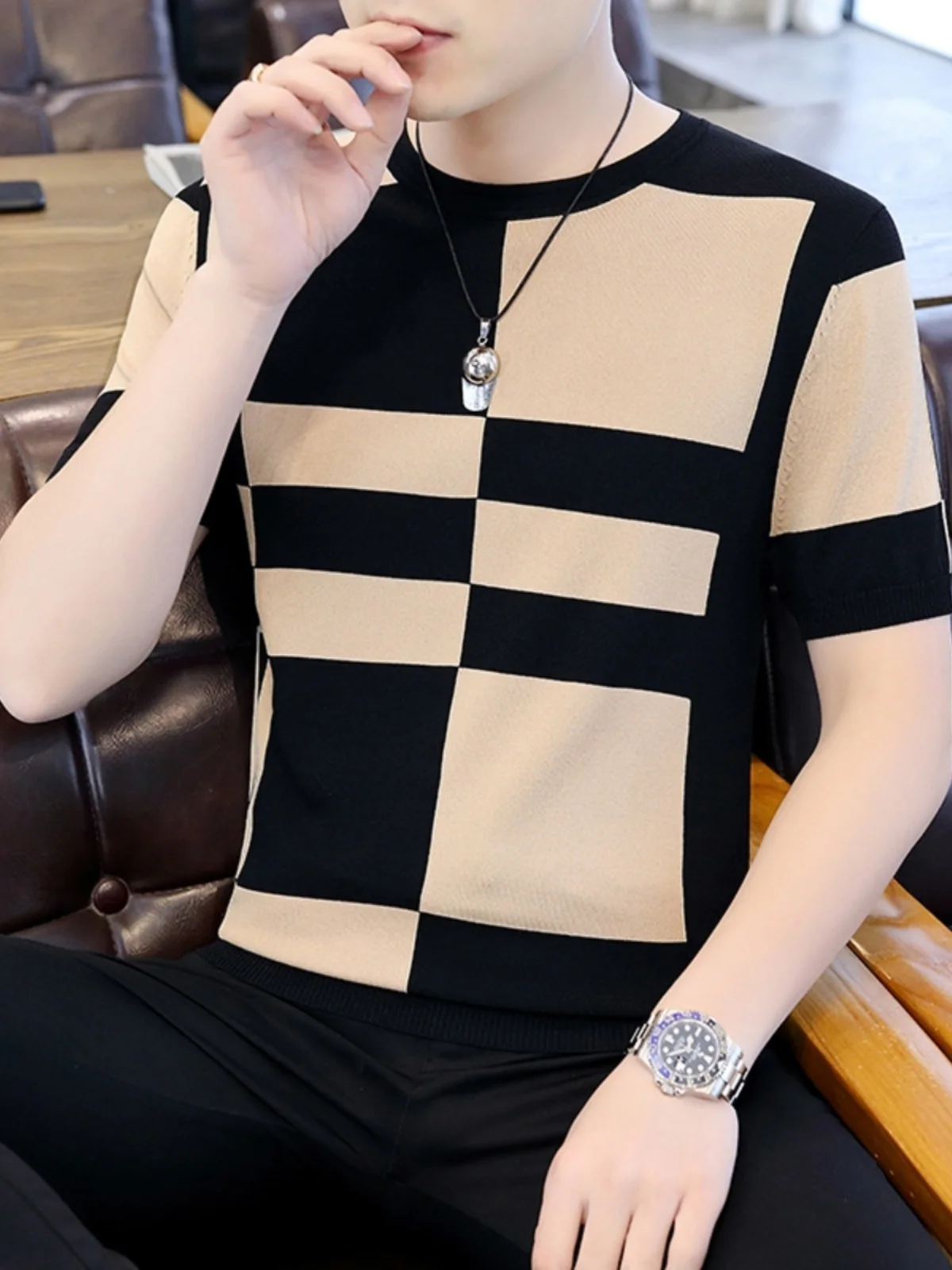 

Summer Knitted ort Sve round Ne T-irt Slim Fit Ice Silk Trendy Striped Plaid Youth Faion Polyester Spandex Blend