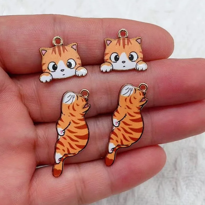 10PCs Cartoon Enamel Cat Charms Animal Cartoon Pendants Gold Color Metal DIY Bracelets Necklace Jewelry Making