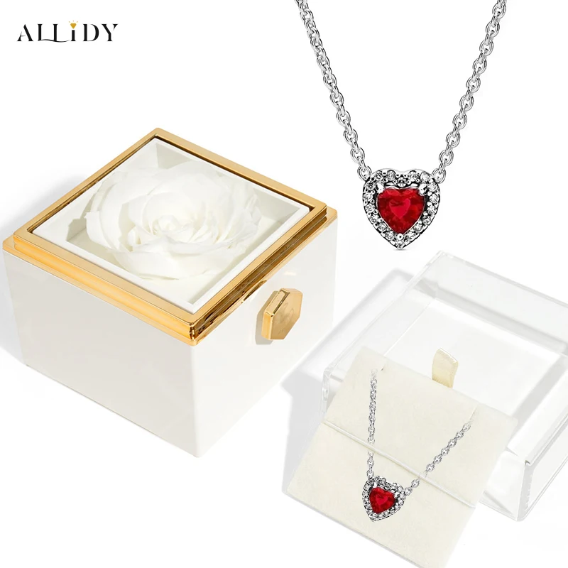 Valentine's Day Surprise Gift Idea Real Preserved Rose Jewelry Box and New Diamond Heart Necklace Proposal Gift for Women Girl