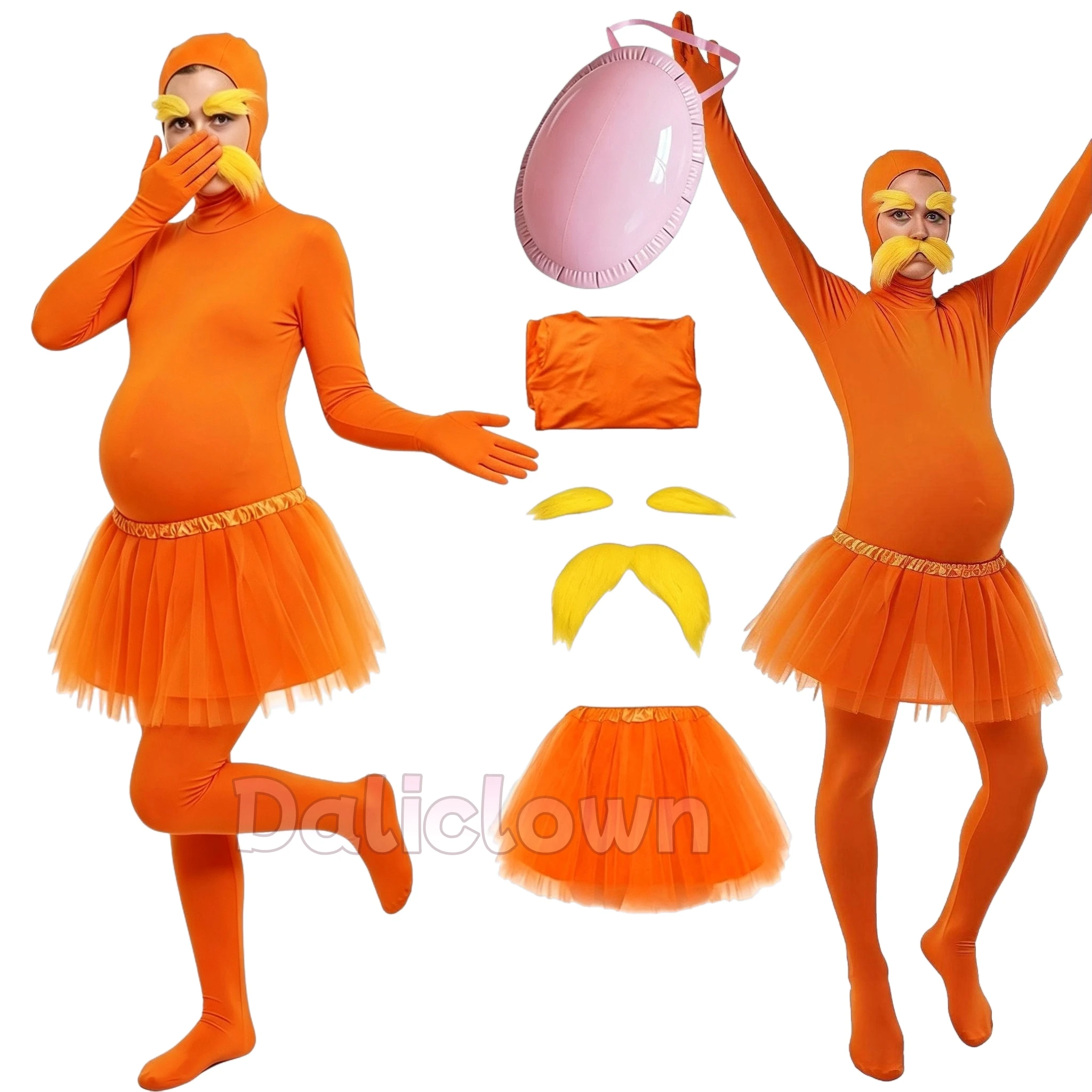 Halloween-Kostüm Spandex Ganzkörper-Unsichtbar-Anzug Oranger Bodysuit Falscher Bauch Tutu-Rock Schnurrbart Augenbrauen Jumpsuit Kostüm 2026