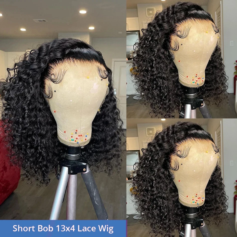 200% 13X4 Transparent Lace Front Wig Deep Water Wave Short Bob Wig Lace Frontal Human Hair Curly 4x4 Closure Wigs for Women