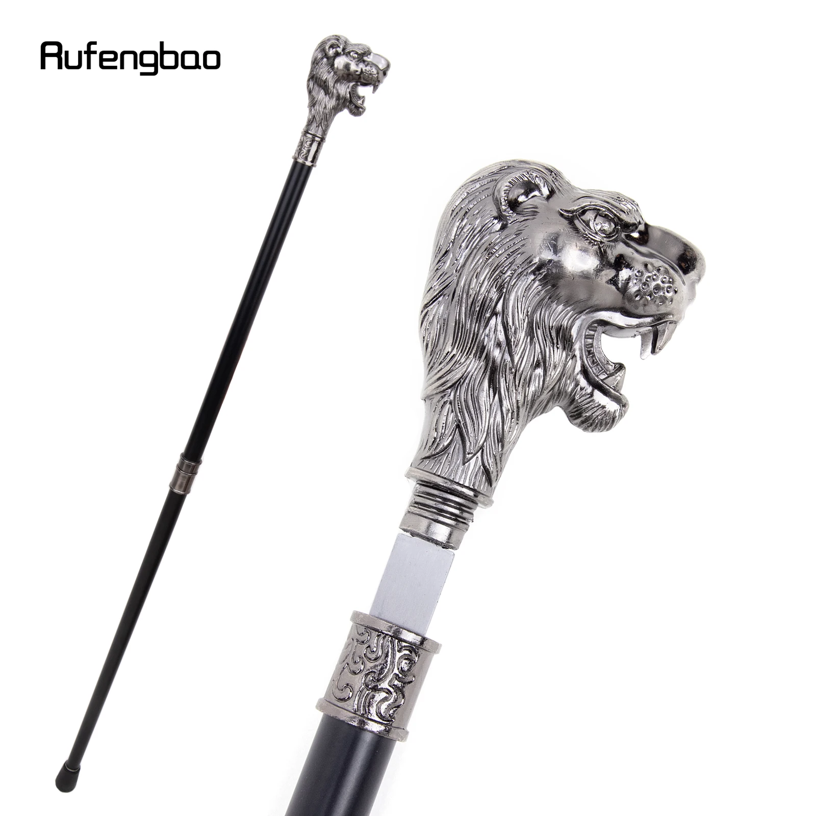 Sliver Lion Head with Mustache Walking Stick with Hidden Plate Self Defense Fashion Cane Plate Cosplay Crosier Stick 93cm