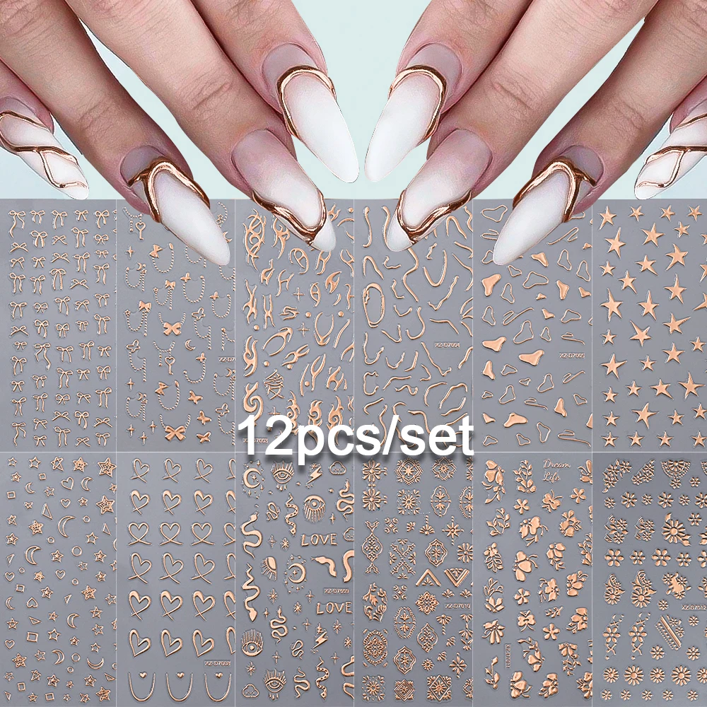 12pçs adesivos de unhas de bronze 3d, linhas irregulares, chamas, efeito cromado dourado, design geométrico, decalques autoadesivos, suprimentos de manicure