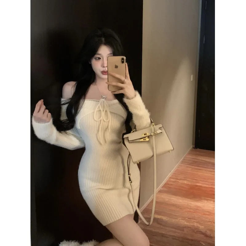 Spring and Autumn Gyaru Sexy off-the-Shoulder Tube Top Base Sheath Short dress Inner wear Waist Hugging Knit sweater Dress Women