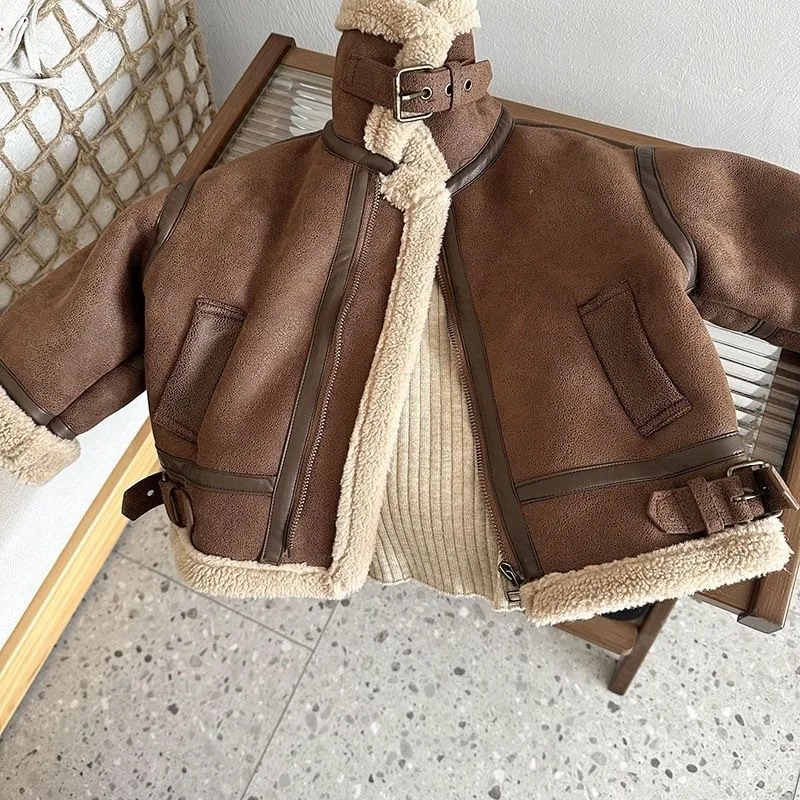 UNITIM Winter Children Boy Suuede Jacket Kids Boys Leather Fur Integrated Motorcycle Coat Suit Turn Down Collar Fleece Outerwear