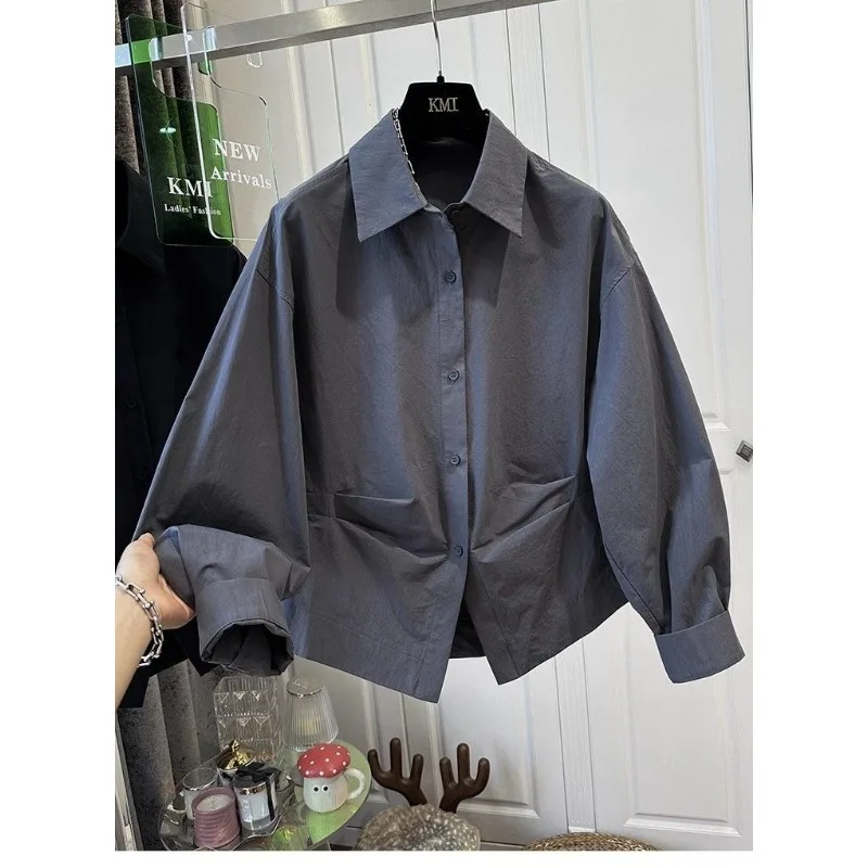 High-end Pleated Waist Long-sleeved Women's Tops for Spring and Autumn New Temperament Loose Lapel Solid Color Shirts
