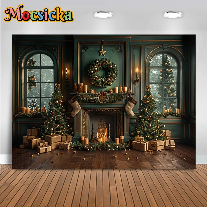 Christmas Room Decoration Photography Background Fireplace Sock Tree Baby Shower Backdrop For Children Shooting Photozone Studio