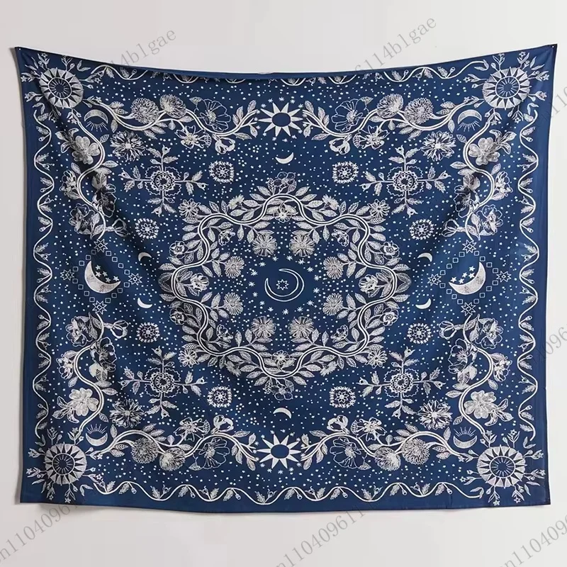 

Bohemian Style Floral Celestial Art Decor Ornate Blue Background Room Accent Printed Large Wall Tapestry Hanging Bedroom Decor