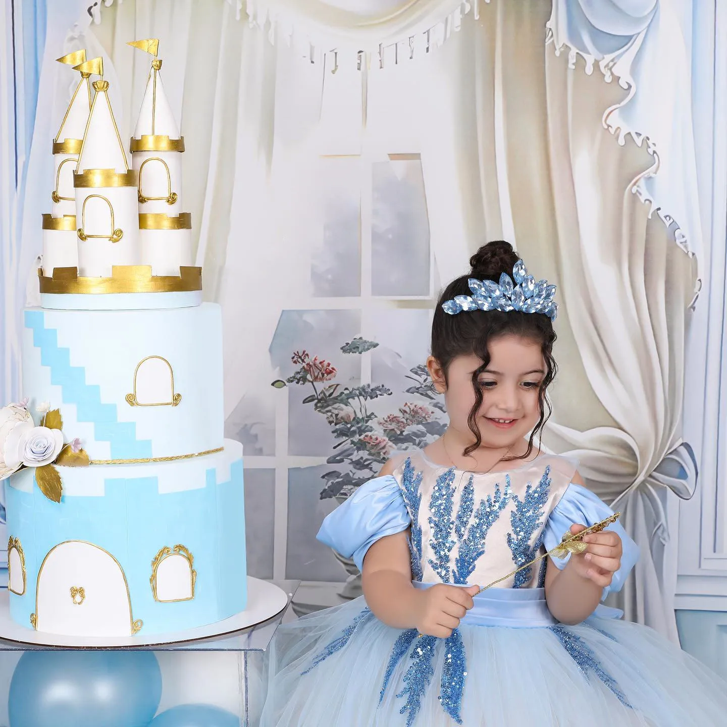 Light Blue Tulle Flower Girl Dress For Wedding Sequins Applique With Bow Puffy Floor Length Princess Kids First Communion Gown