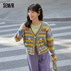 Semir Sweater Women Stripe Sweater Sweet Retro 2023 Autumn New Loose Flower V-Neck Cardigan Girl Fashion