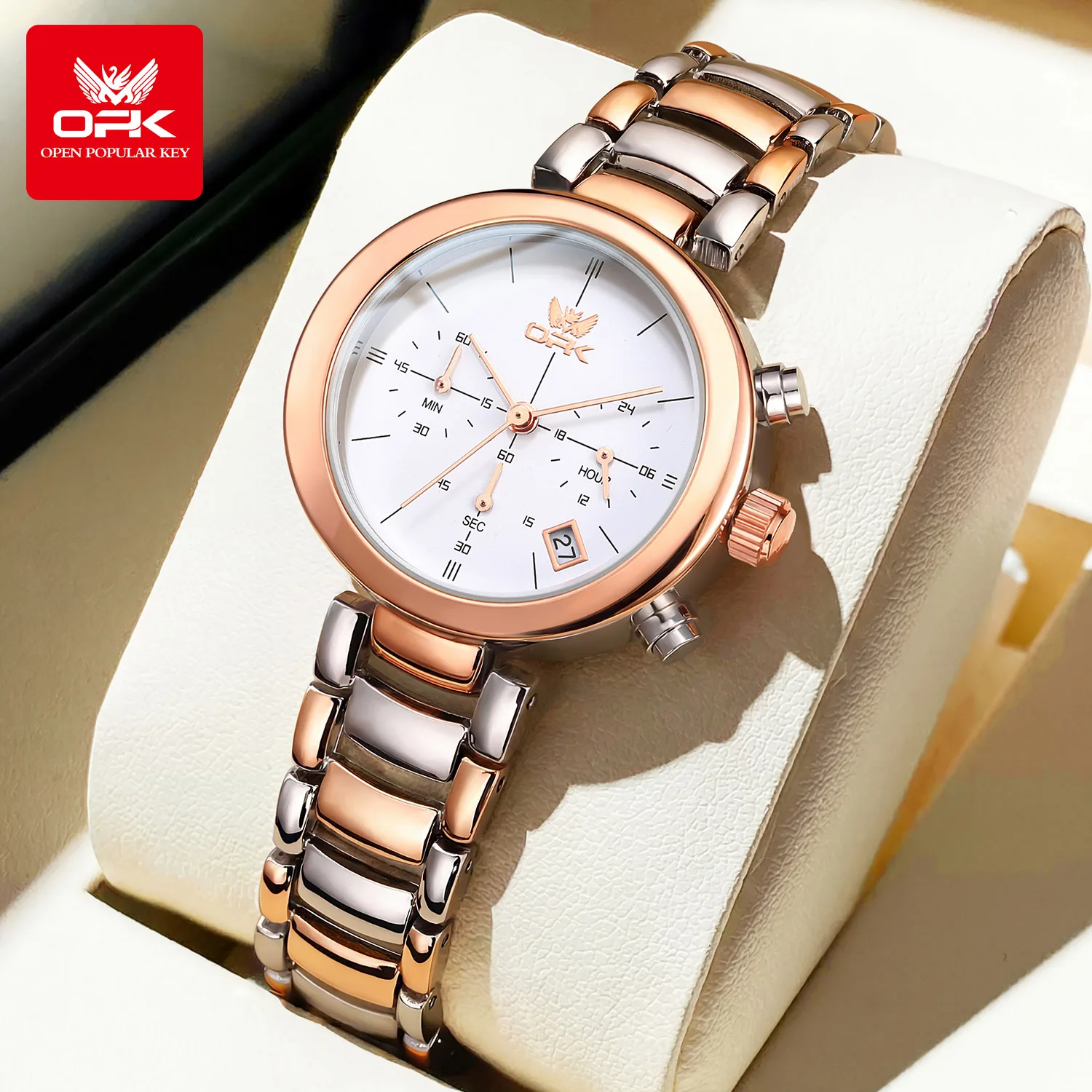 

OPK 8191 Women Quartz Watch Classic Chronograph Minimalist Dial Adjustable Crown Calendar Window Alloy Bracelet Waterproof Watch