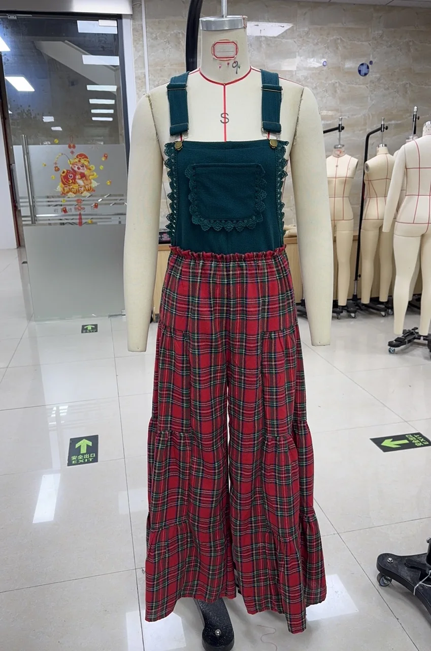 

Women Christmas Plaid Overalls Lace Trim Wide Leg Pants Jumpsuit with Pocket for Daily Holiday Party