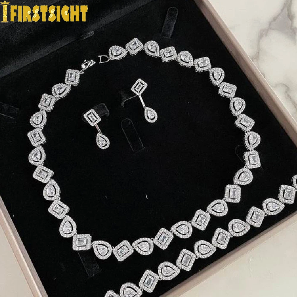 جديد مثلج خارج بلينغ هندسية تشيكوسلوفاكيا العنقودية تنس قلادة فاخرة 5A مكعب زركونيا المختنق للنساء الهيب هوب مجوهرات