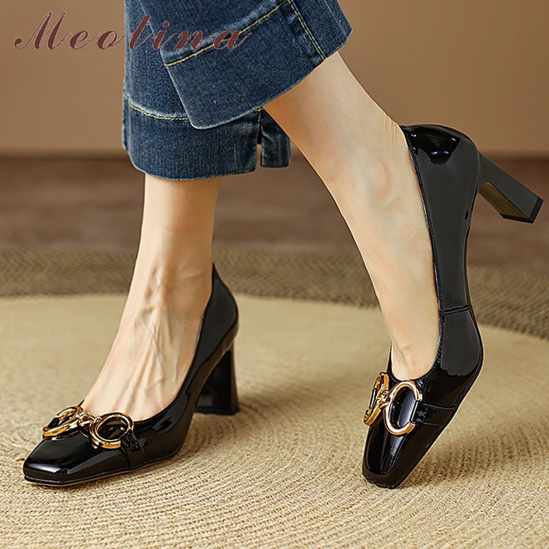 Meotina Women Genuine Leather SquareToe Thick High Heels Pumps Metal Decoration Fashion Ladies Spring Autumn Shoes Apricot 40