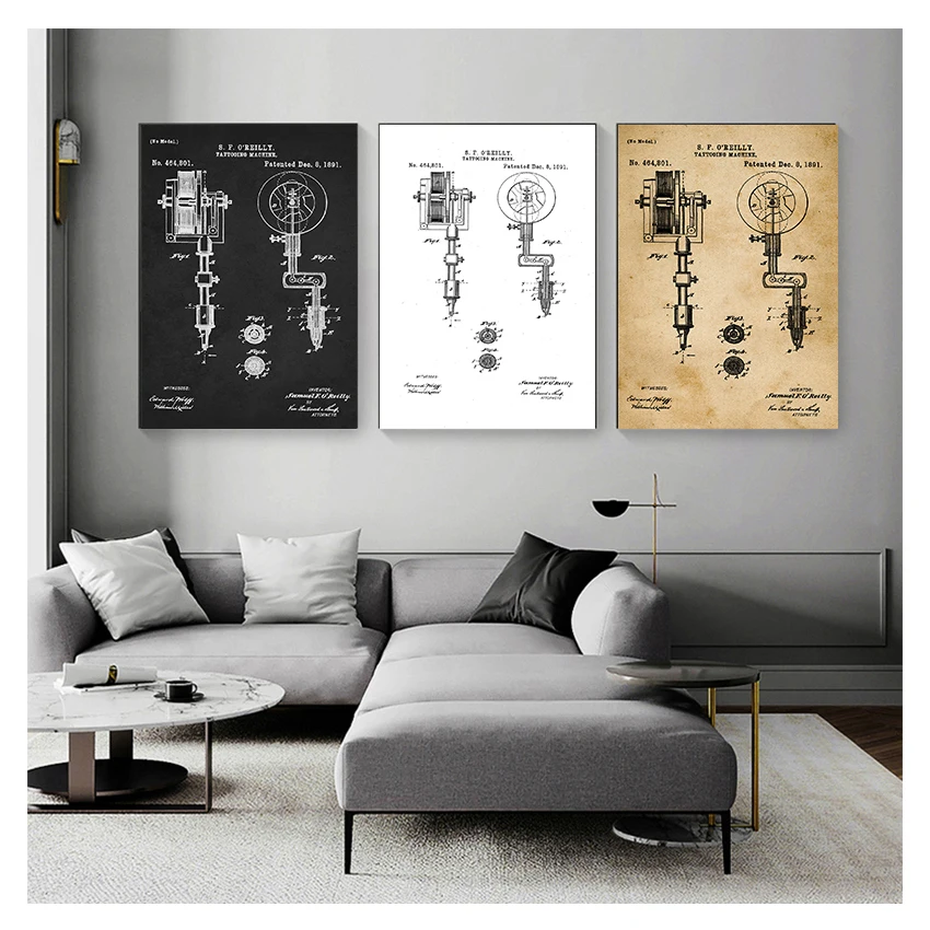 Tattoo Parlor Wall Art Canvas Painting Posters Decor Vintage Blueprint Picture Decorations First Machine Patent Prints