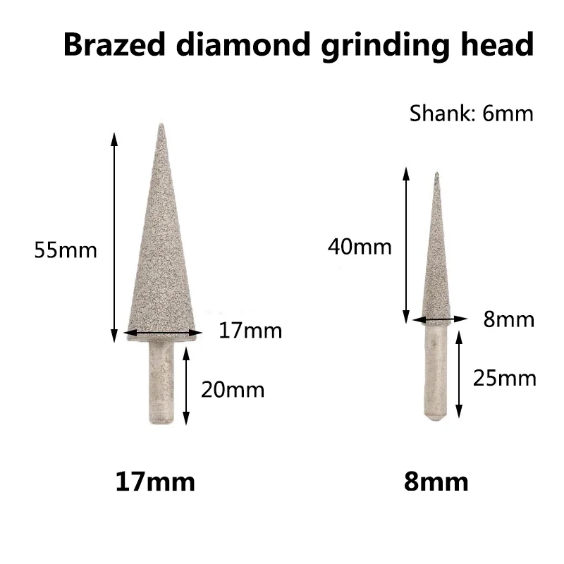 Testa di molatura diamantata brasata a cono da 8mm 17mm gambo da 6mm per molatura accessori per lucidatura abrasiva utensili rotanti Dremel