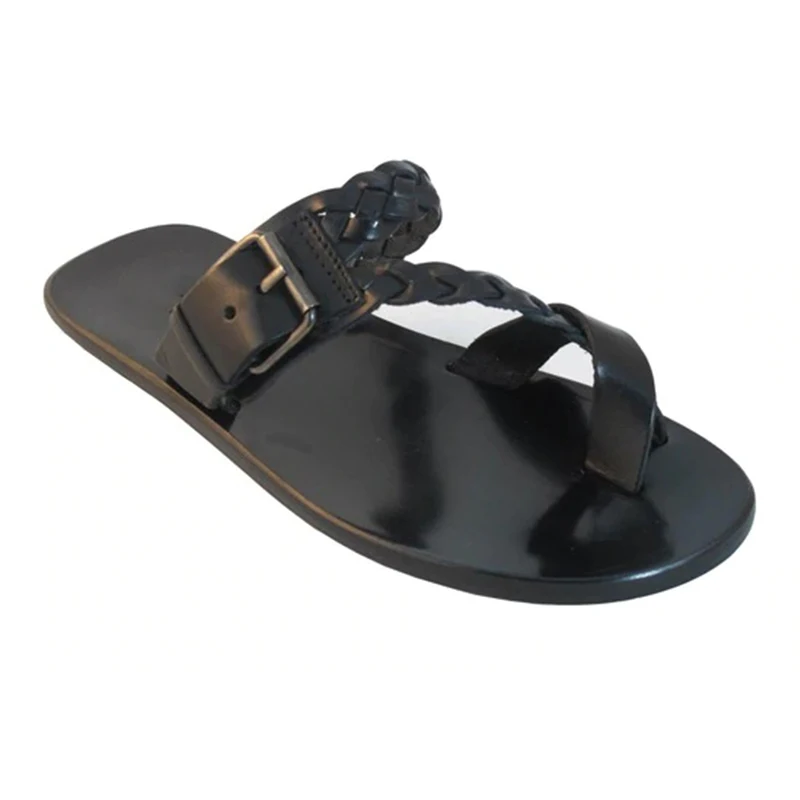 Men Flat Roman Sandals Black Brown Retro Beach Casual Sandals Open Toe Woven Leather Sandals Female Summer Footwear Plus Size