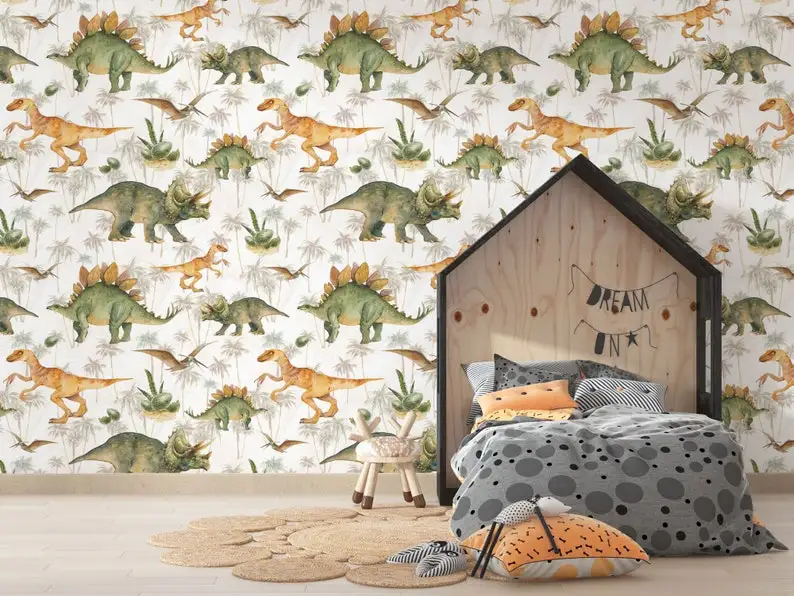 Dinosaurs Kids Wallpaper, Dinosaur Nursery Mural Peel and Stick Self Adhesive Wall Mural, Child Room Dinosaur Decal, Removable W