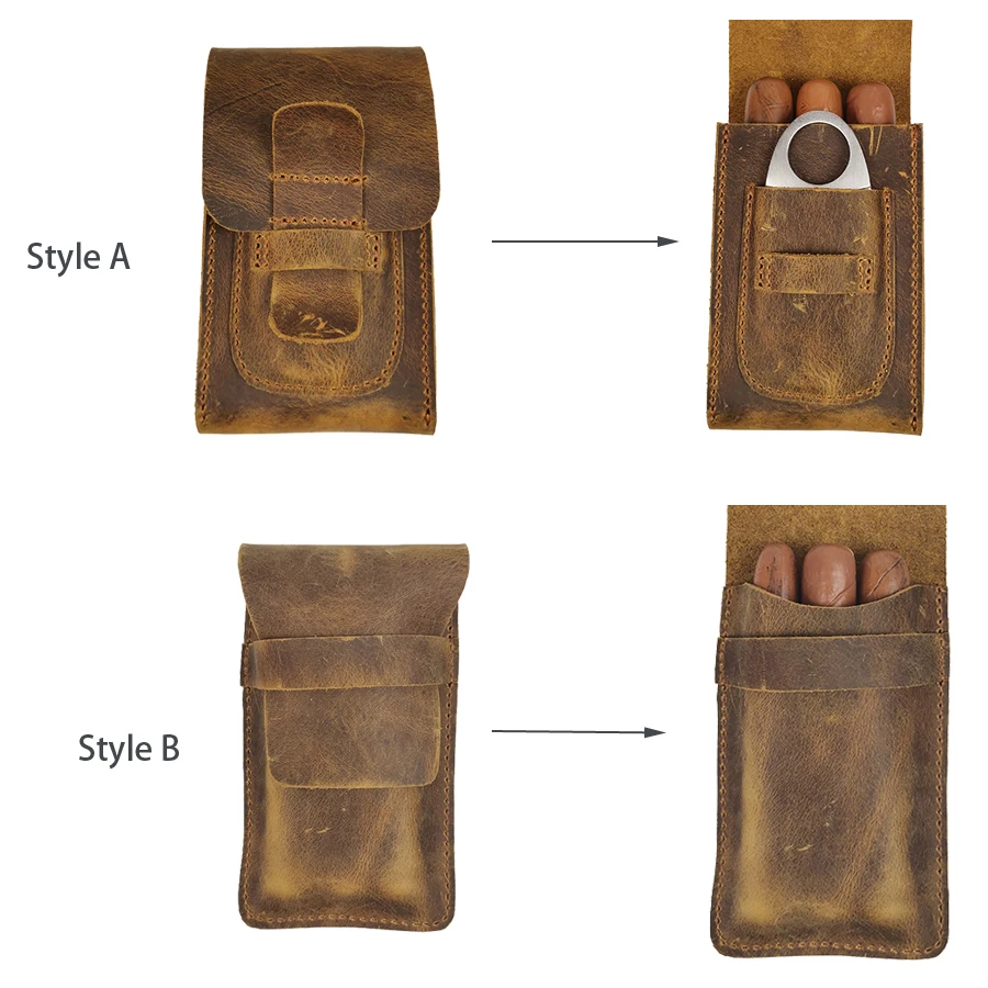 Leather Cigar Case Three-Finger Portable Cigar Humidor Crazy Horse Leather Case Cigars Smoking Accessories