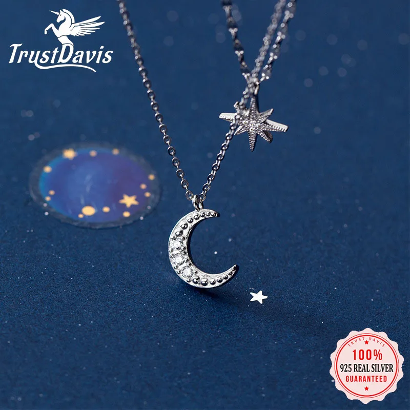 

TrustDavis настоящее серебро 925 пробы с бриллиантами, цепочка на ключицу со звездой и лунным крестом для женщин, свадебная вечеринка, ювелирные изделия S925 DA1321