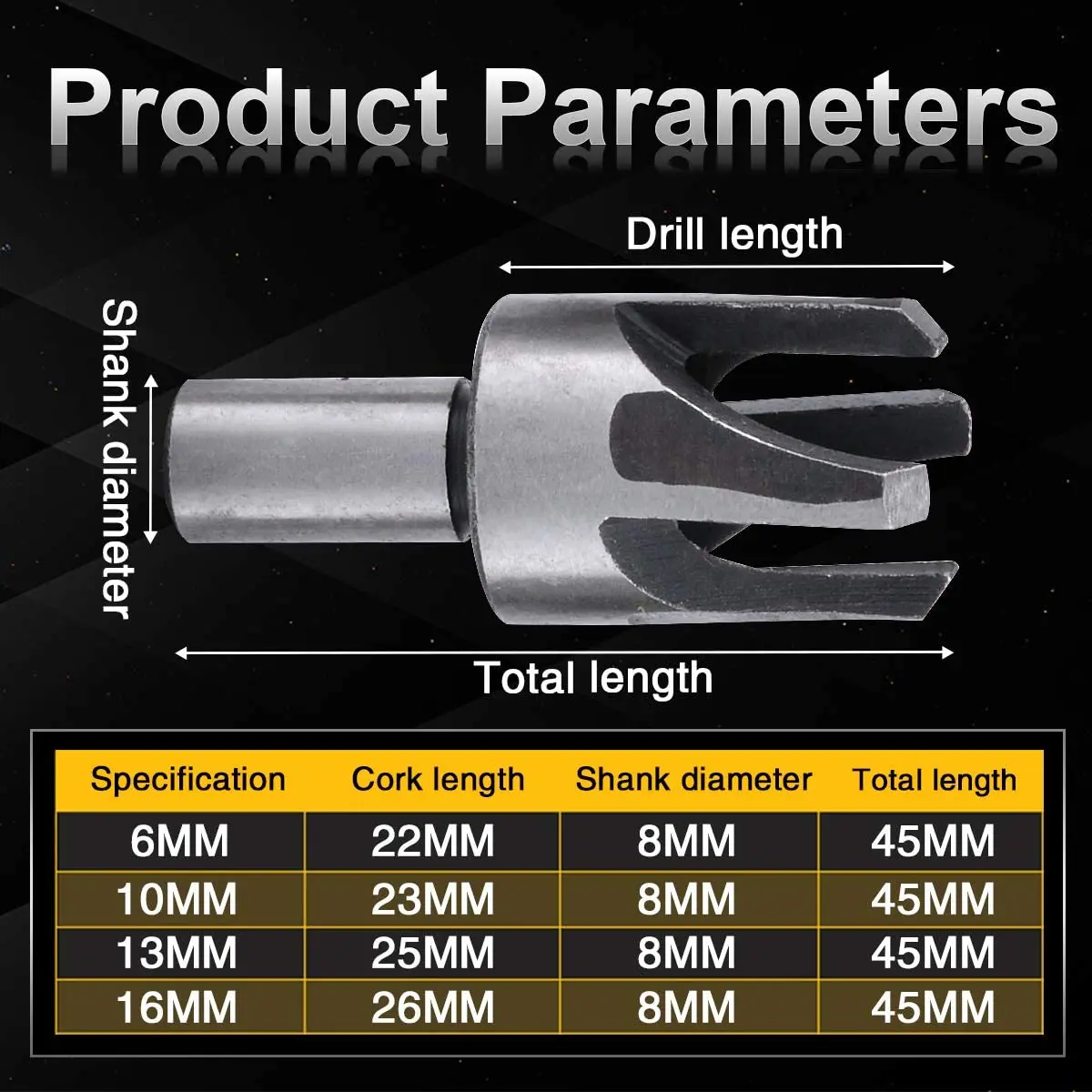 테이퍼 클로 타입 목재 플러그 절단기, 절단 도구, 코르크 드릴 비트 나이프, 4 개, 6mm, 10mm, 13mm, 16mm