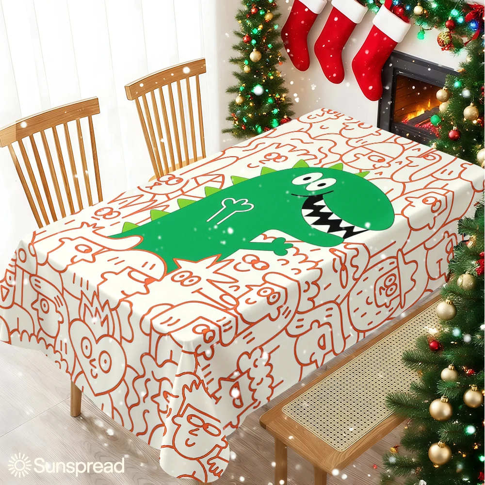 Cute Green Dinosaur Crowd Table Cloth Waterproof Tablecloth Spill Proof Table Cloth, Wipe Clean Table Cloth for Dining Camping